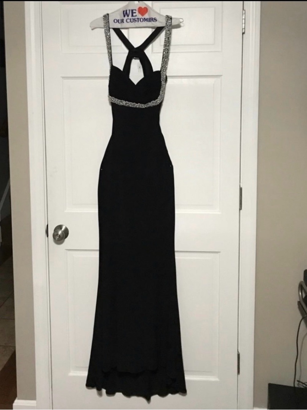 Jovani Black Evening Gown with Crystal-Strap Accents